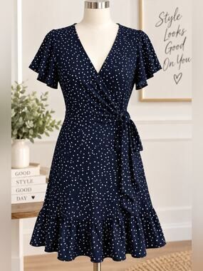 Relipop Navy Blue White Polka Dot Wrap Mini Dress Ruffle Hem Size Small